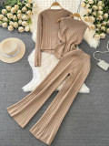 Long Sleeve V-Neck Button-Up Knit Cardigan Set with Tank Top and High-Waisted Wide-Leg Pants