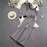 High-Waisted Knitted Cardigan & Vest Set with Wide-Leg Trousers