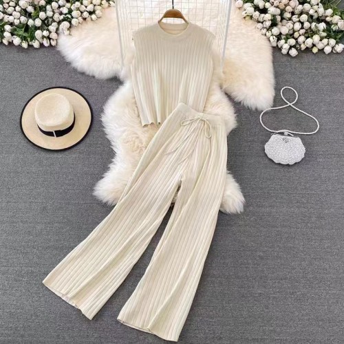 High-Waisted Wide-Leg Knit Pants & Sleeveless Top Set