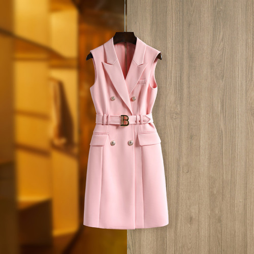 Sleeveless Belted Waist Metal Buckle Slim Fit Blazer Dress