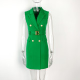 Sleeveless Belted Waist Metal Buckle Slim Fit Blazer Dress