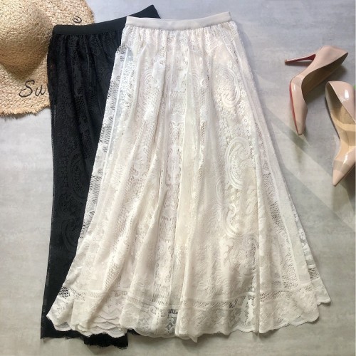 High-Waisted Lace Midi Skirt