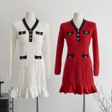 Color-Block Chic V-Neck Knit Dress with Ruffled Hem