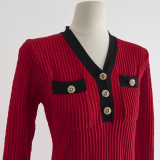 Color-Block Chic V-Neck Knit Dress with Ruffled Hem