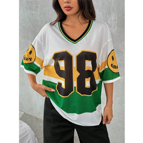 V-Neck Loose Fit Casual Graphic Sports T-Shirt