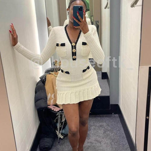 Color-Block Chic V-Neck Knit Dress with Ruffled Hem