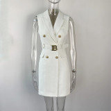 Sleeveless Belted Waist Metal Buckle Slim Fit Blazer Dress