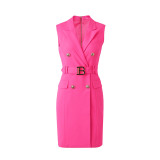 Sleeveless Belted Waist Metal Buckle Slim Fit Blazer Dress
