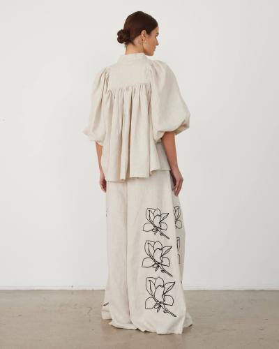 Floral Print Wide-Leg Pants Set in Cotton-Linen Blend