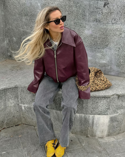 Ihoov Oversized Leather Jacket for Women
