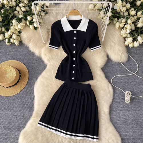Color-Block Knit Polo Shirt & High-Waisted Pleated Skirt Set