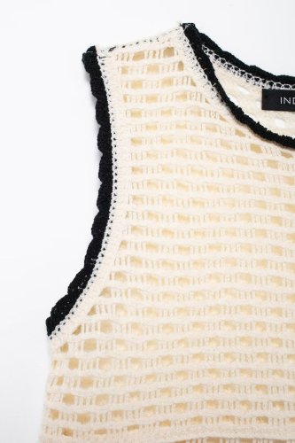 Fashion Crochet Sleeveless Crop Top with Color-Blocked Wide-Leg Knit Pants Set