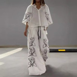 Floral Print Wide-Leg Pants Set in Cotton-Linen Blend