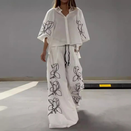 Floral Print Wide-Leg Pants Set in Cotton-Linen Blend