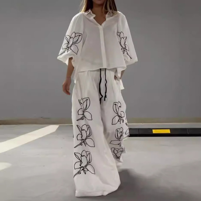 Floral Print Wide-Leg Pants Set in Cotton-Linen Blend