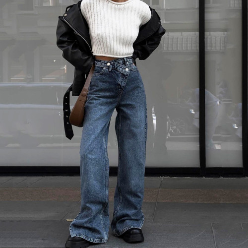 High-Waisted Asymmetrical Split Hem Straight-Leg Jeans for Women