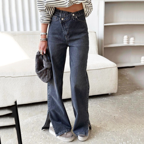 High-Waisted Asymmetrical Split Hem Straight-Leg Jeans for Women