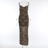 Ihoov Leopard Print Bodycon Cowl Neck Slip Dress