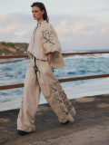 Floral Print Wide-Leg Pants Set in Cotton-Linen Blend