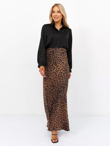 Satin High-Waisted Leopard Print Midi Skirt
