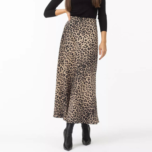 Satin High-Waisted Leopard Print Midi Skirt