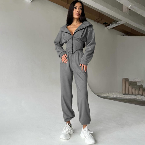 Cotton Drawstring Hooded Sweatshirt Set for Women