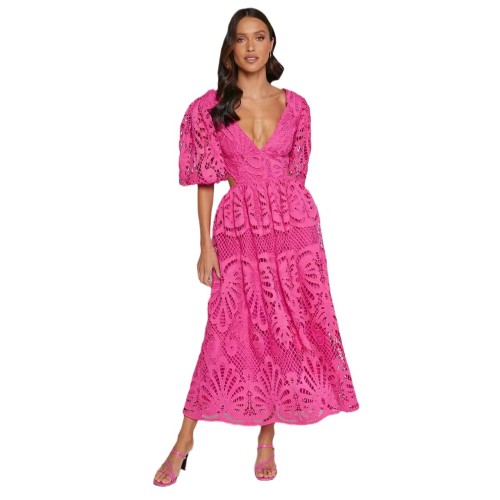 Lace Embroidered V-Neck Sexy Waist-Cut Dress