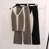 Color-Blocked V-Neck Knit Set with Split Hem Top and Wide-Leg Trousers