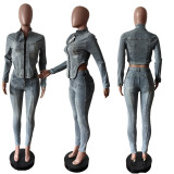 Fashion Stretch Denim Long Sleeve Top and Pants Set