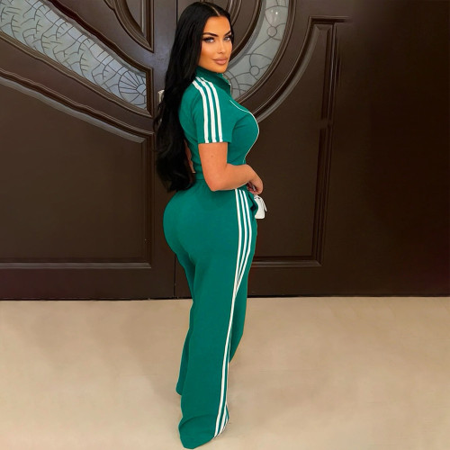 Zip Short Sleeve Crop Top & Loose-Fit Pants