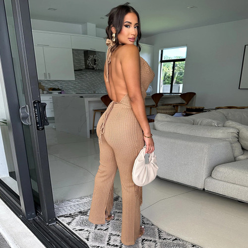 Halter Neck Backless Top & Flowy Fringe Pants Set
