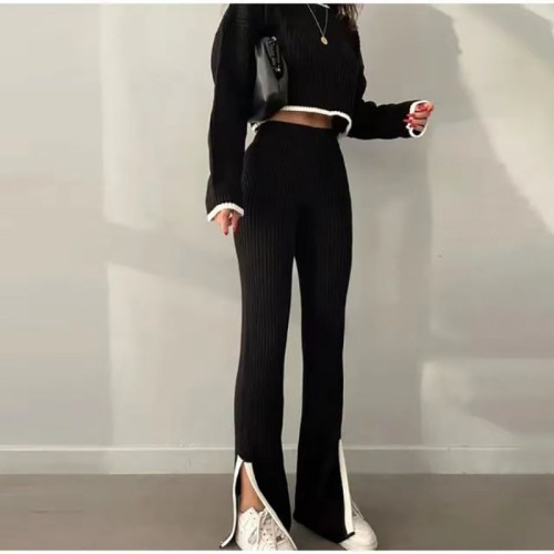 Color-Blocked Knit Top & Trousers Two-Piece Set
