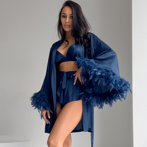 Feather-Trimmed Satin Pajama 3-Piece Set Loungewear