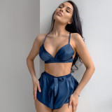 Feather-Trimmed Satin Pajama 3-Piece Set Loungewear