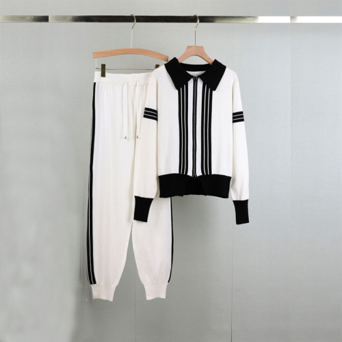 Color-Block Knitted Cardigan Set with Zippered Polo Collar