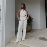 Ihoov Halter Neck Sleeveless Top & Pleated Wide-Leg Pants Set