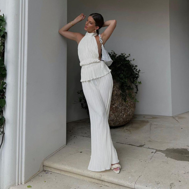 Ihoov Halter Neck Sleeveless Top & Pleated Wide-Leg Pants Set
