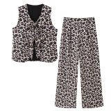 Leopard Print Tie-Back Bow Vest with Front Slit