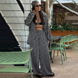 IHOOV Satin Floral Print Long Sleeve Shirt and Wide-Leg Pants Set