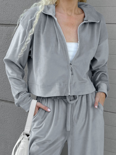 Velvet Lapel Long Sleeve Lounge Set with Wide-Leg Pants