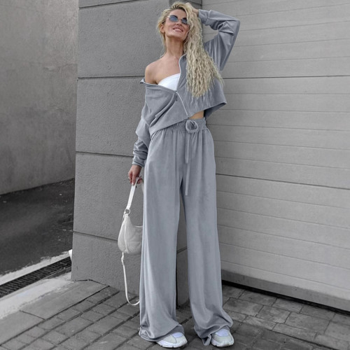 Velvet Lapel Long Sleeve Lounge Set with Wide-Leg Pants