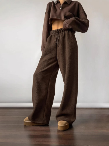 Wide-Leg Fleece Lounge Pants with Drawstring