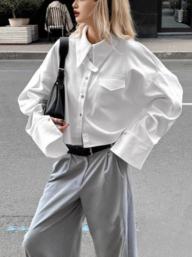 Oversized Cotton Short Shirt with Lapel for Women
