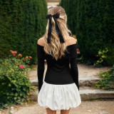 ihoov Off-Shoulder Long Sleeve Patchwork Puff Skirt Dress