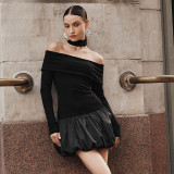 ihoov Off-Shoulder Long Sleeve Patchwork Puff Skirt Dress