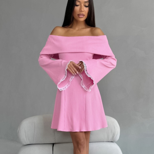 One-Shoulder Sexy Flare Sleeve Knit Lace Bodycon Dress