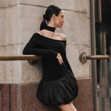 ihoov Off-Shoulder Long Sleeve Patchwork Puff Skirt Dress
