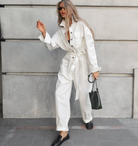 White Long Sleeve Wide-Leg Jumpsuit