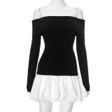 ihoov Off-Shoulder Long Sleeve Patchwork Puff Skirt Dress
