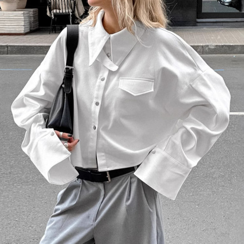 Oversized Cotton Short Shirt with Lapel for Women